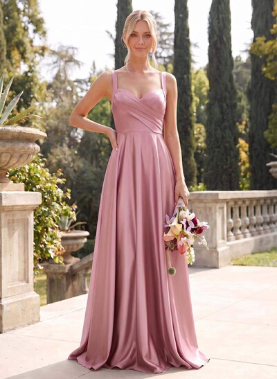 A-Line Sweetheart Sleeveless Floor-Length Satin Bridesmaid Dresses With Pockets