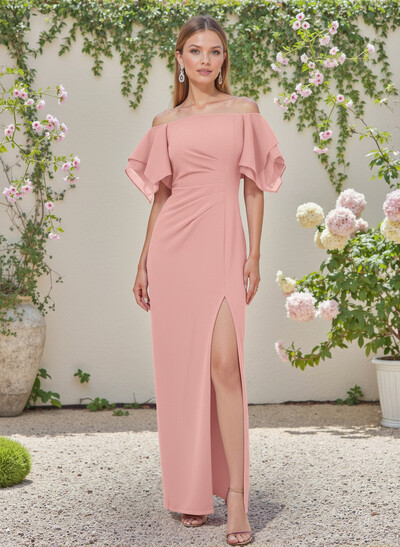 Sheath/Column Off-The-Shoulder Chiffon Bridesmaid Dresses With Ruffle/High Split