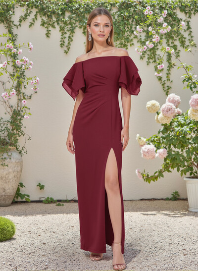 Sheath/Column Off-The-Shoulder Chiffon Bridesmaid Dresses With Ruffle/High Split