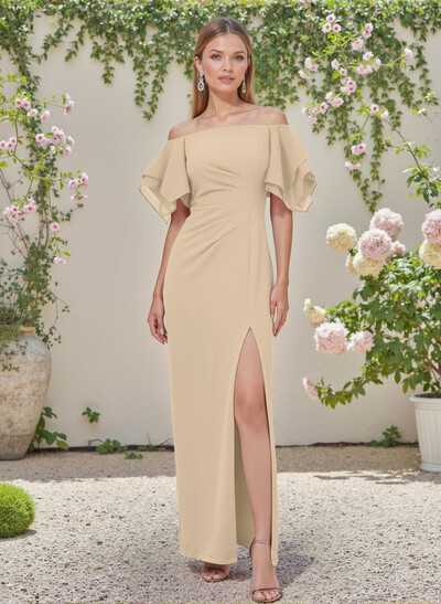 Sheath/Column Off-The-Shoulder Chiffon Bridesmaid Dresses With Ruffle/High Split