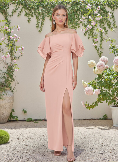 Sheath/Column Off-The-Shoulder Chiffon Bridesmaid Dresses With Ruffle/High Split