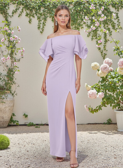 Sheath/Column Off-The-Shoulder Chiffon Bridesmaid Dresses With Ruffle/High Split