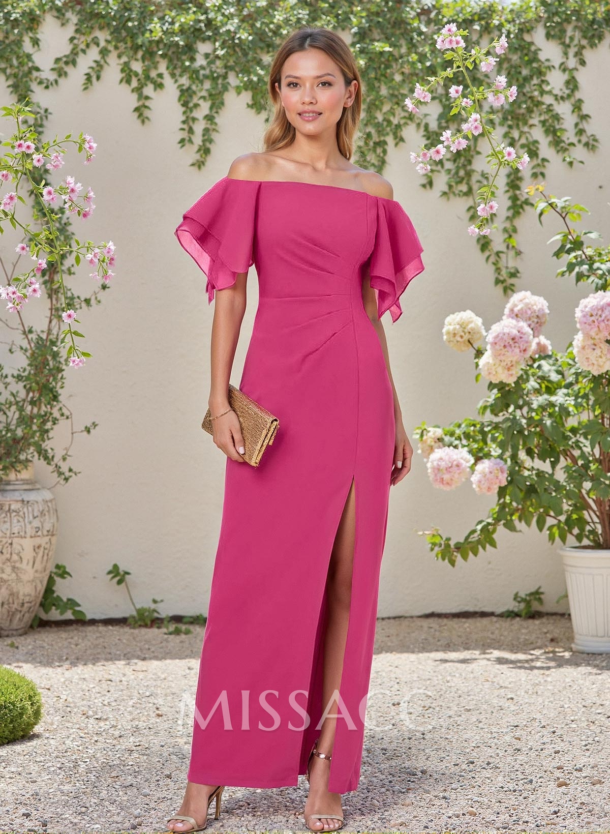 Sheath/Column Off-The-Shoulder Chiffon Bridesmaid Dresses With Ruffle/High Split Sheath/Column Off-The-Shoulder Chiffon Bridesmaid Dresses With Ruffle/High Split