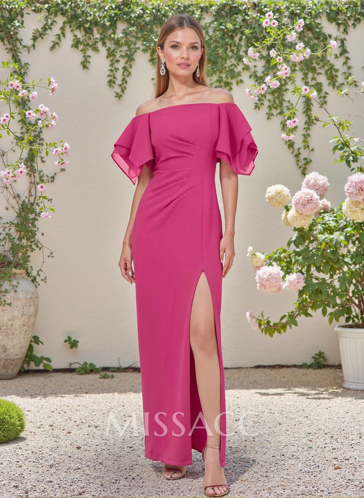 Sheath/Column Off-The-Shoulder Chiffon Bridesmaid Dresses With Ruffle/High Split Sheath/Column Off-The-Shoulder Chiffon Bridesmaid Dresses With Ruffle/High Split