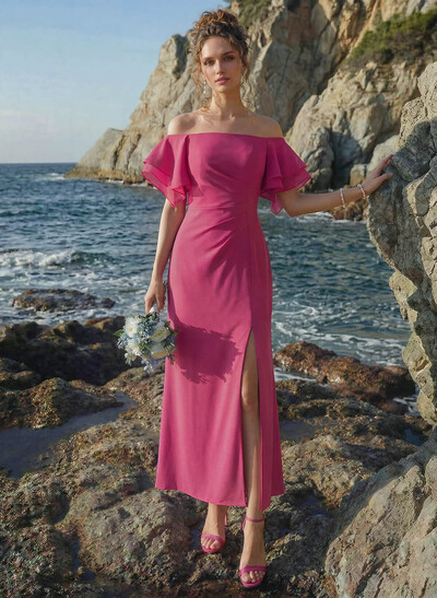 Sheath/Column Off-The-Shoulder Chiffon Bridesmaid Dresses With Ruffle/High Split