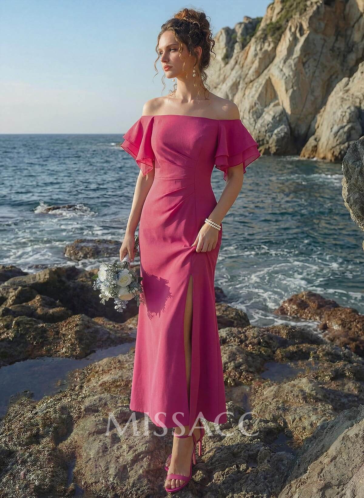 Sheath/Column Off-The-Shoulder Chiffon Bridesmaid Dresses With Ruffle/High Split Sheath/Column Off-The-Shoulder Chiffon Bridesmaid Dresses With Ruffle/High Split