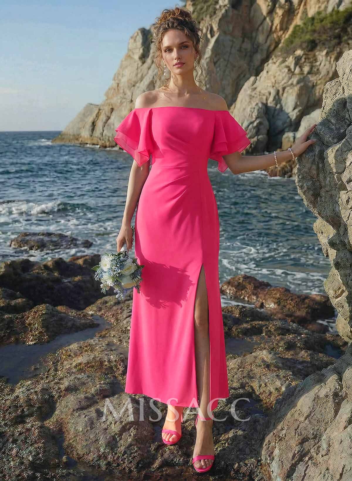Sheath/Column Off-The-Shoulder Chiffon Bridesmaid Dresses With Ruffle/High Split