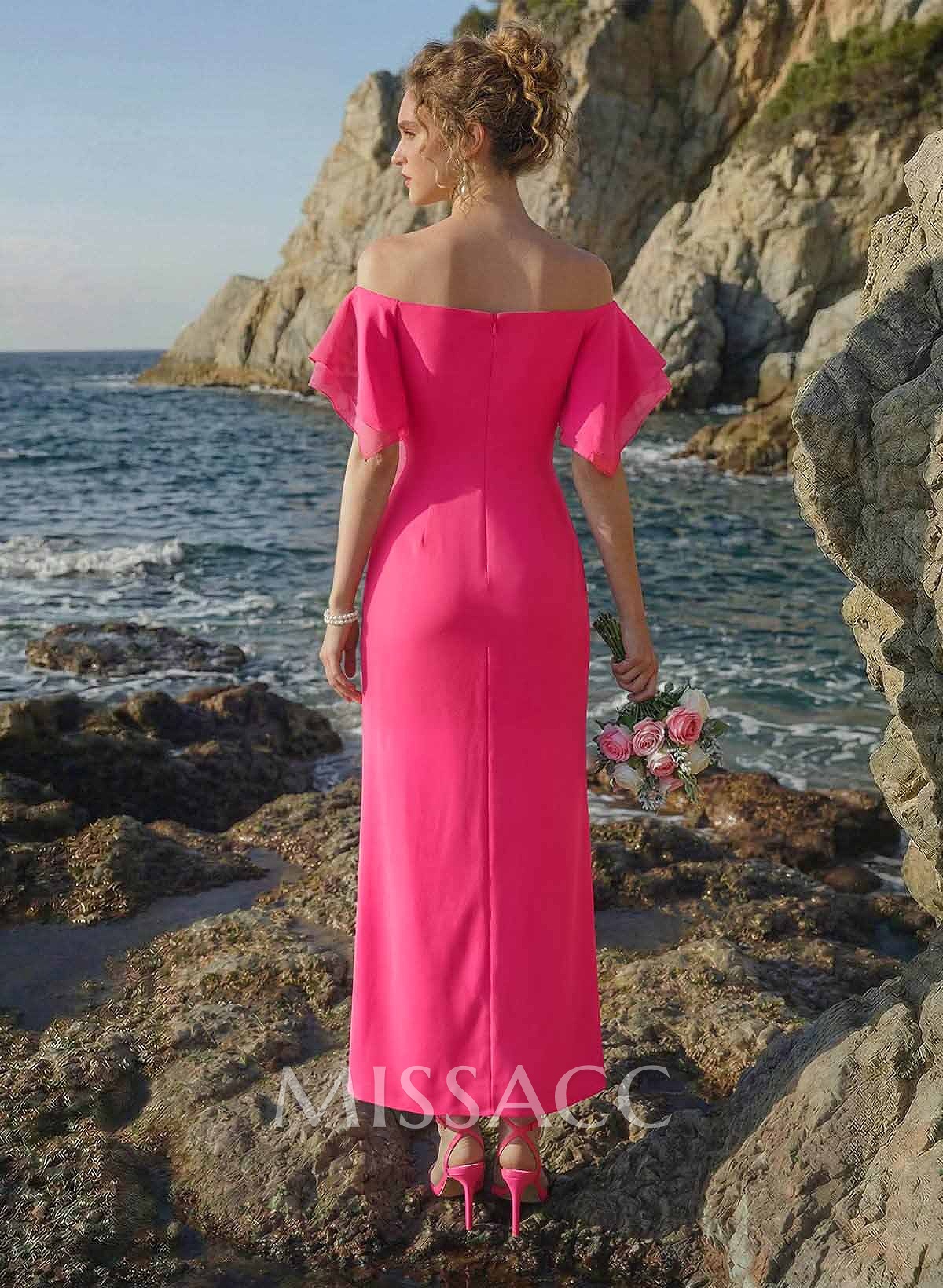 Sheath/Column Off-The-Shoulder Chiffon Bridesmaid Dresses With Ruffle/High Split