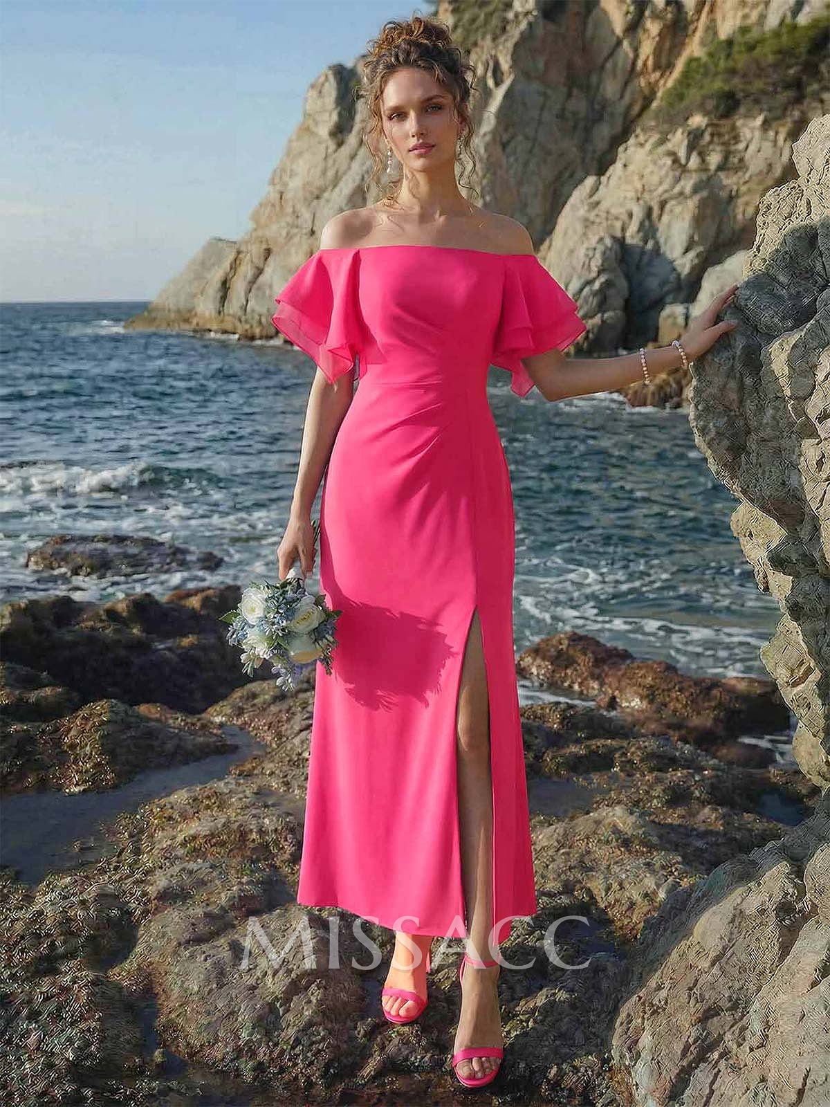 Sheath/Column Off-The-Shoulder Chiffon Bridesmaid Dresses With Ruffle/High Split
