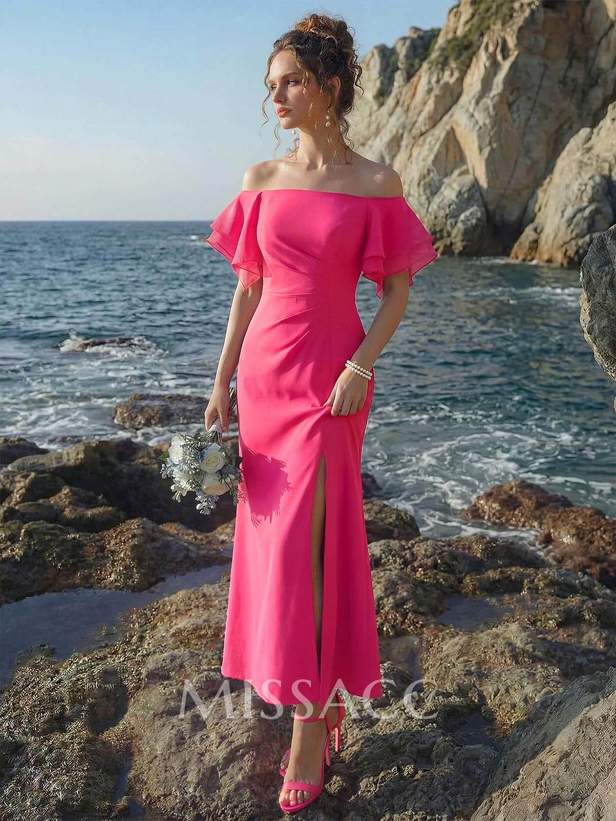 Sheath/Column Off-The-Shoulder Chiffon Bridesmaid Dresses With Ruffle/High Split