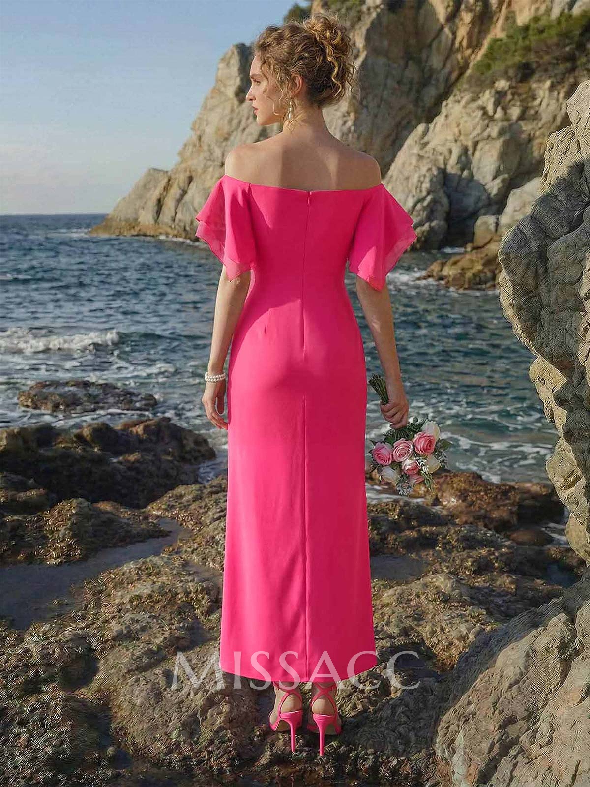 Sheath/Column Off-The-Shoulder Chiffon Bridesmaid Dresses With Ruffle/High Split