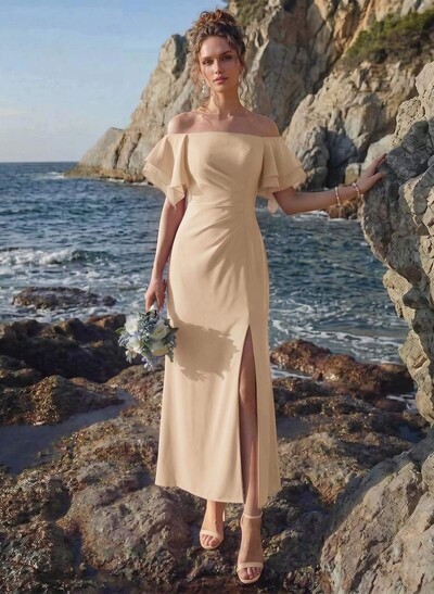 Sheath/Column Off-The-Shoulder Chiffon Bridesmaid Dresses With Ruffle/High Split