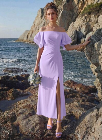 Sheath/Column Off-The-Shoulder Chiffon Bridesmaid Dresses With Ruffle/High Split