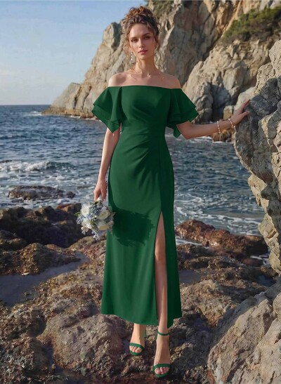 Sheath/Column Off-The-Shoulder Chiffon Bridesmaid Dresses With Ruffle/High Split