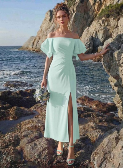 Sheath/Column Off-The-Shoulder Chiffon Bridesmaid Dresses With Ruffle/High Split