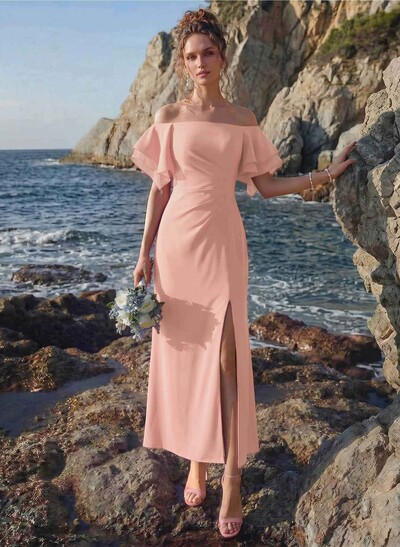 Sheath/Column Off-The-Shoulder Chiffon Bridesmaid Dresses With Ruffle/High Split