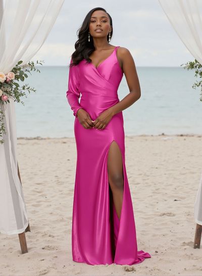 Sheath/Column V-Neck Silk Like Satin Bridesmaid Dresses With High Split