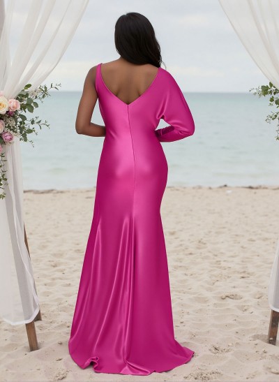 Sheath/Column V-Neck Silk Like Satin Bridesmaid Dresses With High Split