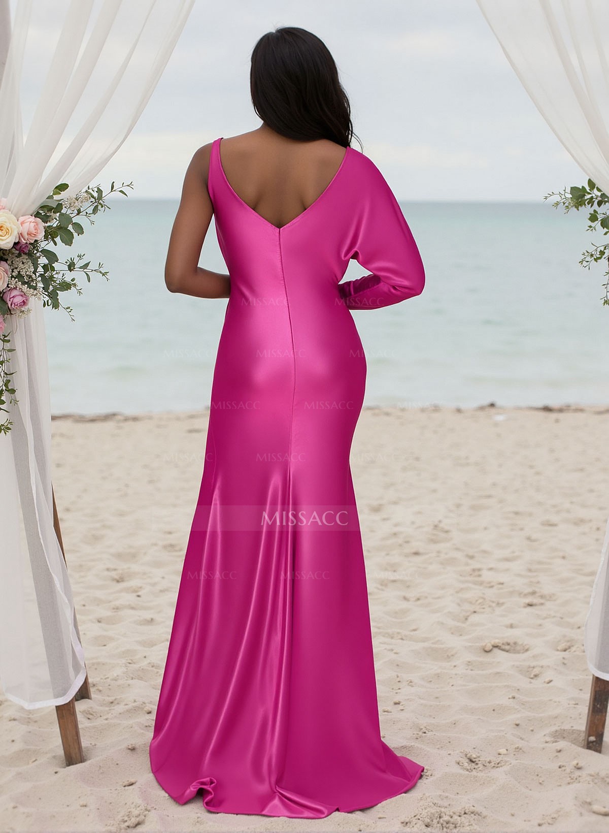 Sheath/Column V-Neck Silk Like Satin Bridesmaid Dresses With High Split