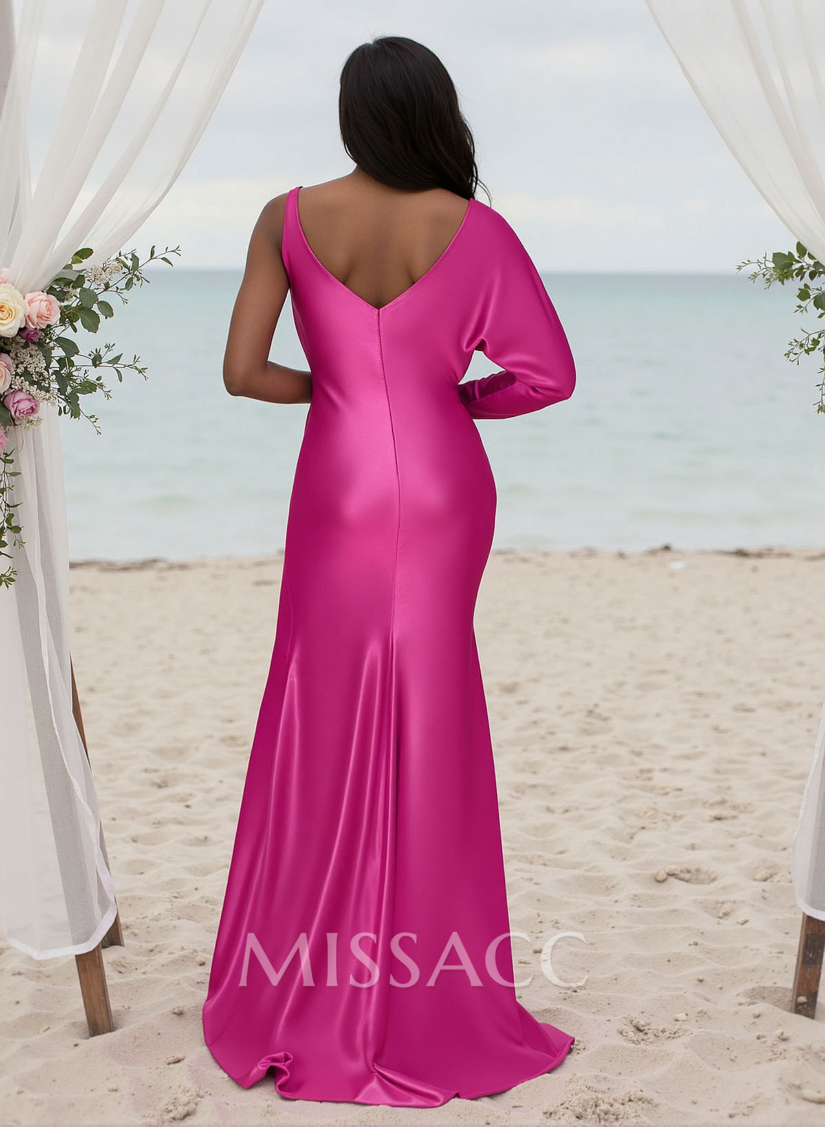 Sheath/Column V-Neck Silk Like Satin Bridesmaid Dresses With High Split