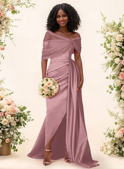 Trumpet/Mermaid Off-The-Shoulder Satin/Tulle Bridesmaid Dresses With Split Front