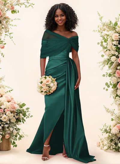 Trumpet/Mermaid Off-The-Shoulder Satin/Tulle Bridesmaid Dresses With Split Front