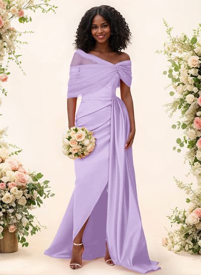 Trumpet/Mermaid Off-The-Shoulder Satin/Tulle Bridesmaid Dresses With Split Front