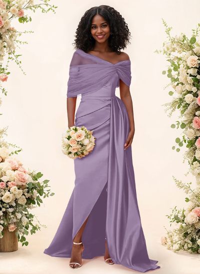 Trumpet/Mermaid Off-The-Shoulder Satin/Tulle Bridesmaid Dresses With Split Front