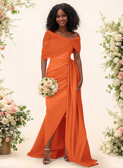 Trumpet/Mermaid Off-The-Shoulder Satin/Tulle Bridesmaid Dresses With Split Front