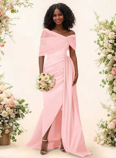 Trumpet/Mermaid Off-The-Shoulder Satin/Tulle Bridesmaid Dresses With Split Front