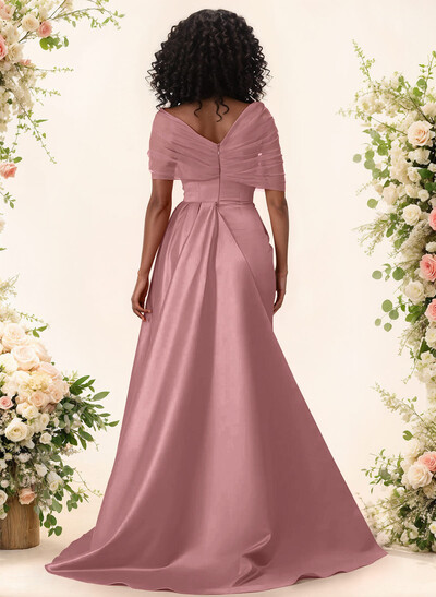 Trumpet/Mermaid Off-The-Shoulder Satin/Tulle Bridesmaid Dresses With Split Front