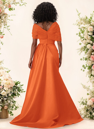 Trumpet/Mermaid Off-The-Shoulder Satin/Tulle Bridesmaid Dresses With Split Front