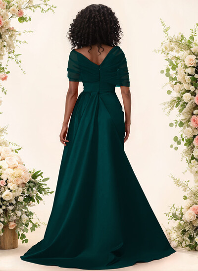 Trumpet/Mermaid Off-The-Shoulder Satin/Tulle Bridesmaid Dresses With Split Front