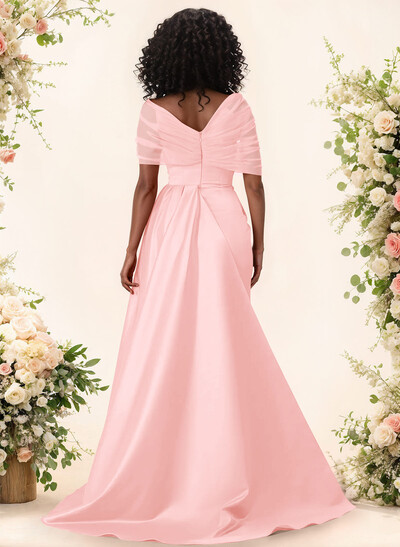 Trumpet/Mermaid Off-The-Shoulder Satin/Tulle Bridesmaid Dresses With Split Front