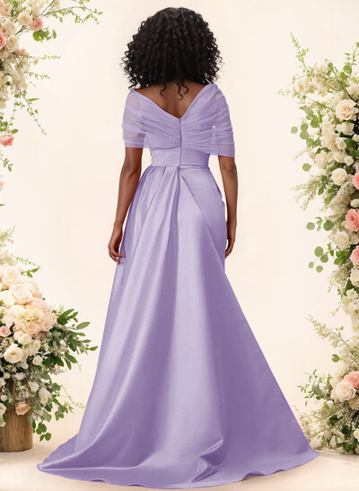 Trumpet/Mermaid Off-The-Shoulder Satin/Tulle Bridesmaid Dresses With Split Front