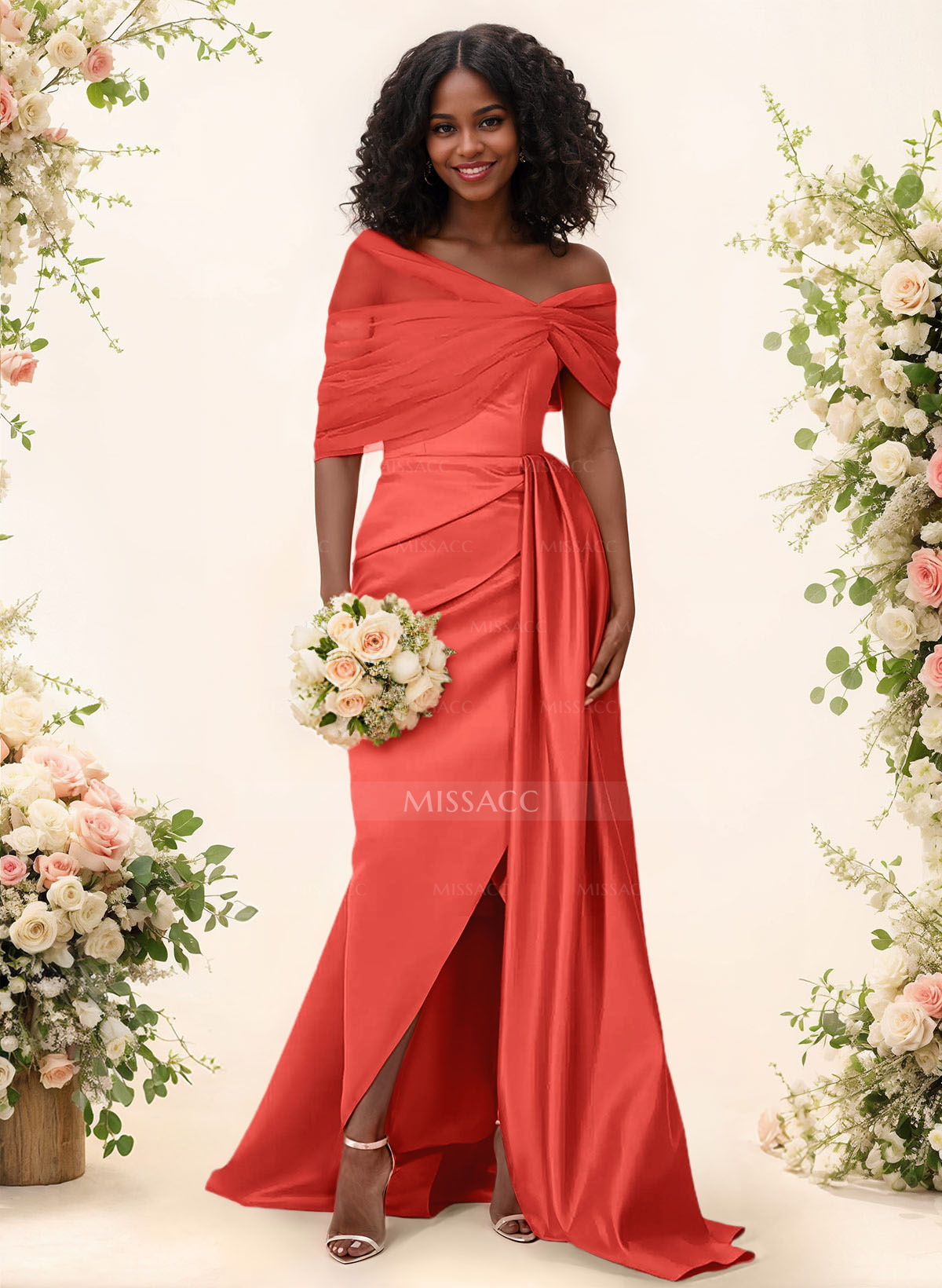 Trumpet/Mermaid Off-The-Shoulder Satin/Tulle Bridesmaid Dresses With Split Front