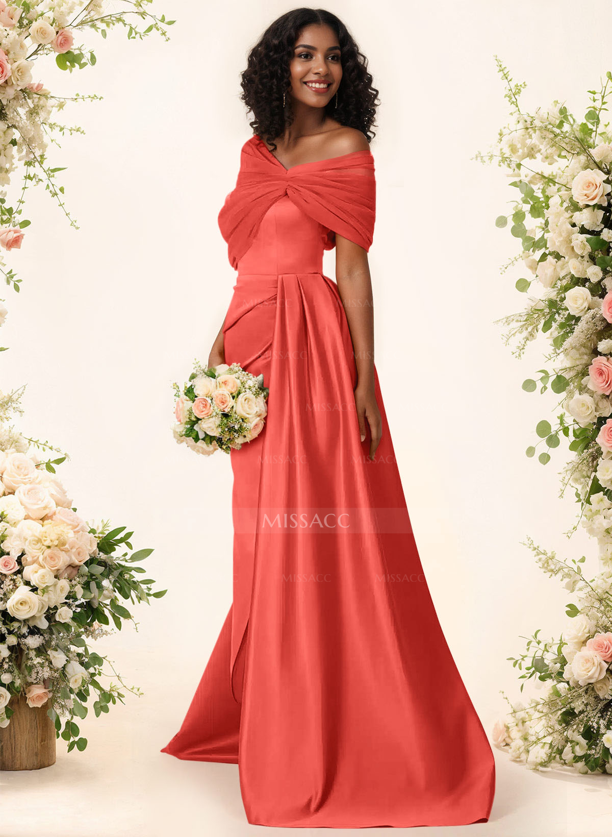 Trumpet/Mermaid Off-The-Shoulder Satin/Tulle Bridesmaid Dresses With Split Front