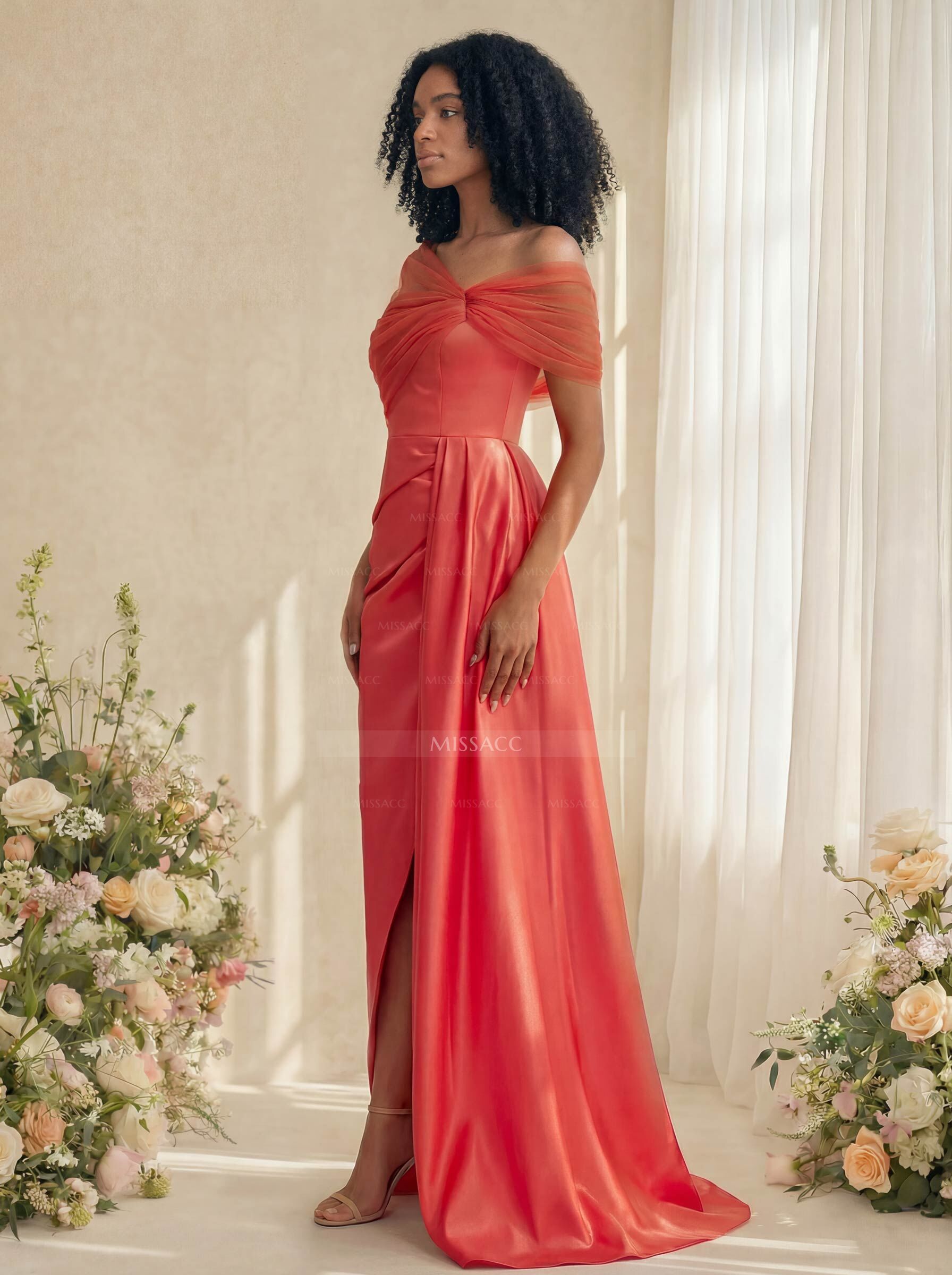 Trumpet/Mermaid Off-The-Shoulder Satin/Tulle Bridesmaid Dresses With Split Front