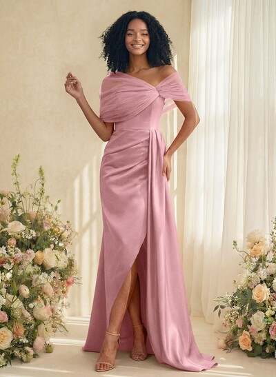 Trumpet/Mermaid Off-The-Shoulder Satin/Tulle Bridesmaid Dresses With Split Front