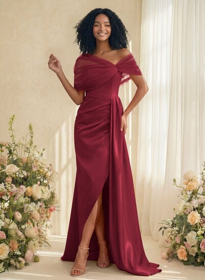 Trumpet/Mermaid Off-The-Shoulder Satin/Tulle Bridesmaid Dresses With Split Front