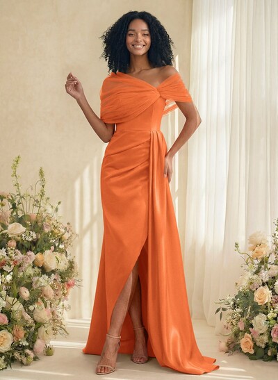 Trumpet/Mermaid Off-The-Shoulder Satin/Tulle Bridesmaid Dresses With Split Front