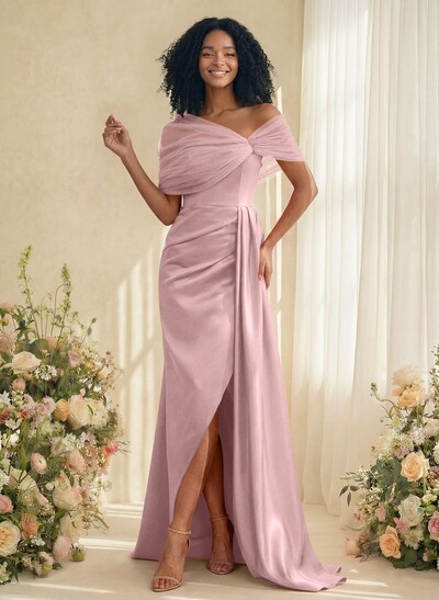 Trumpet/Mermaid Off-The-Shoulder Satin/Tulle Bridesmaid Dresses With Split Front