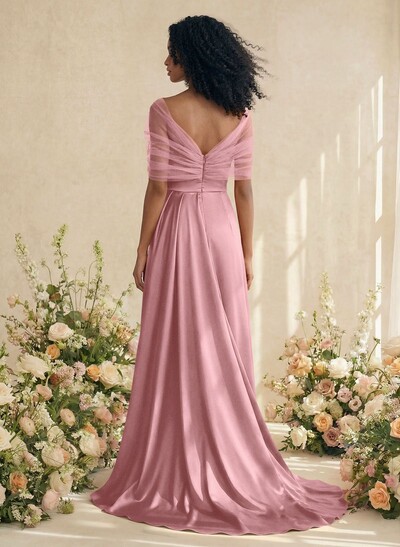 Trumpet/Mermaid Off-The-Shoulder Satin/Tulle Bridesmaid Dresses With Split Front