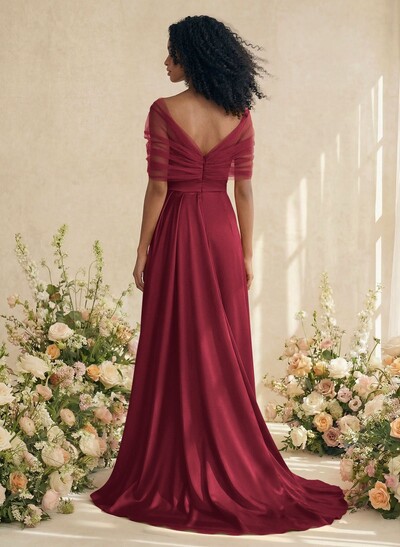 Trumpet/Mermaid Off-The-Shoulder Satin/Tulle Bridesmaid Dresses With Split Front