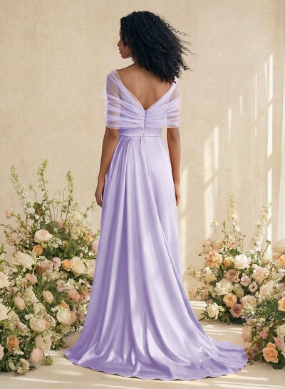 Trumpet/Mermaid Off-The-Shoulder Satin/Tulle Bridesmaid Dresses With Split Front