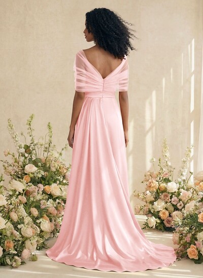 Trumpet/Mermaid Off-The-Shoulder Satin/Tulle Bridesmaid Dresses With Split Front