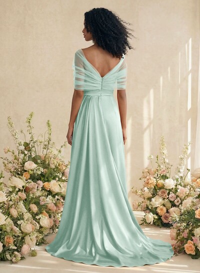Trumpet/Mermaid Off-The-Shoulder Satin/Tulle Bridesmaid Dresses With Split Front