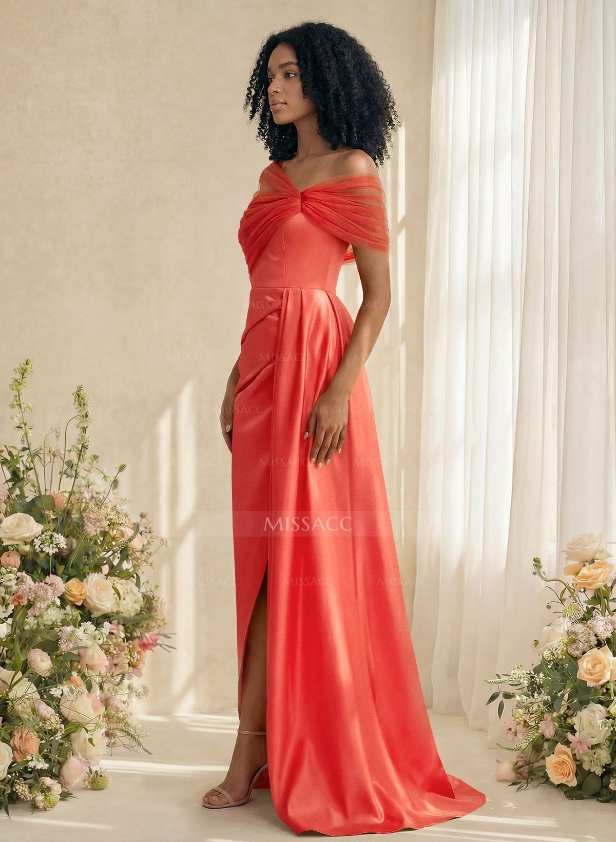 Trumpet/Mermaid Off-The-Shoulder Satin/Tulle Bridesmaid Dresses With Split Front