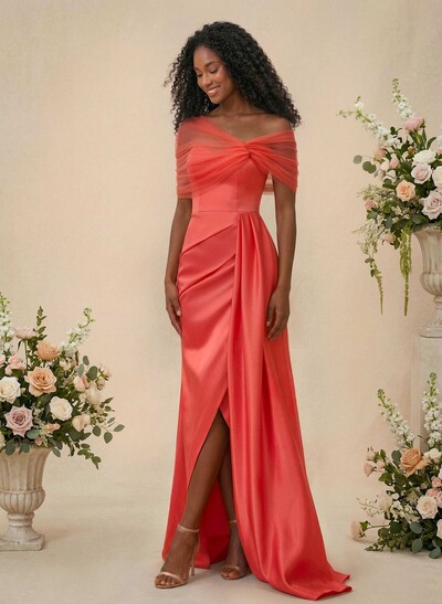 Trumpet/Mermaid Off-The-Shoulder Satin/Tulle Bridesmaid Dresses With Split Front