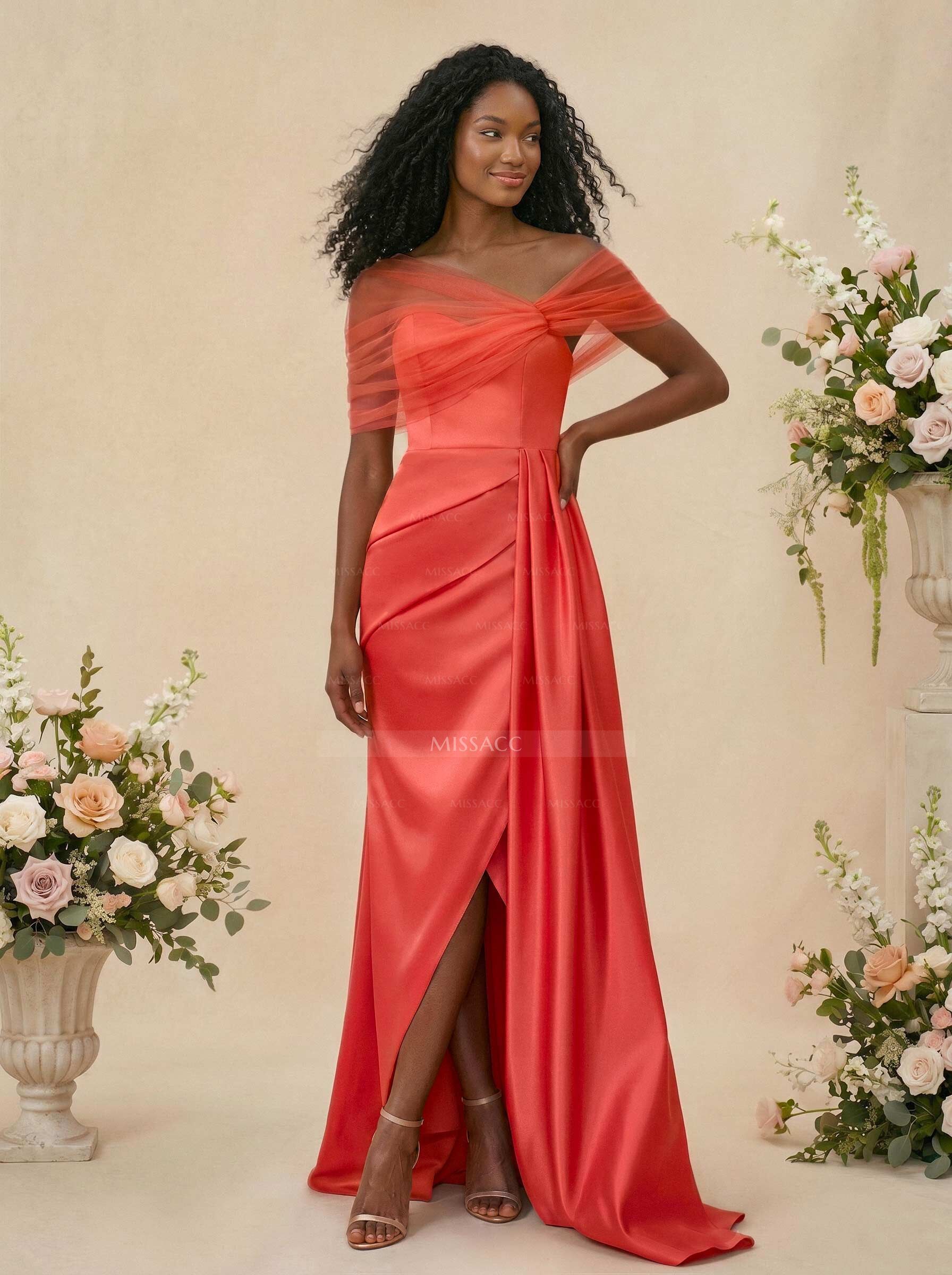 Trumpet/Mermaid Off-The-Shoulder Satin/Tulle Bridesmaid Dresses With Split Front